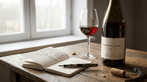 A wine bottle, glass, and notebook for the PodoNote main page